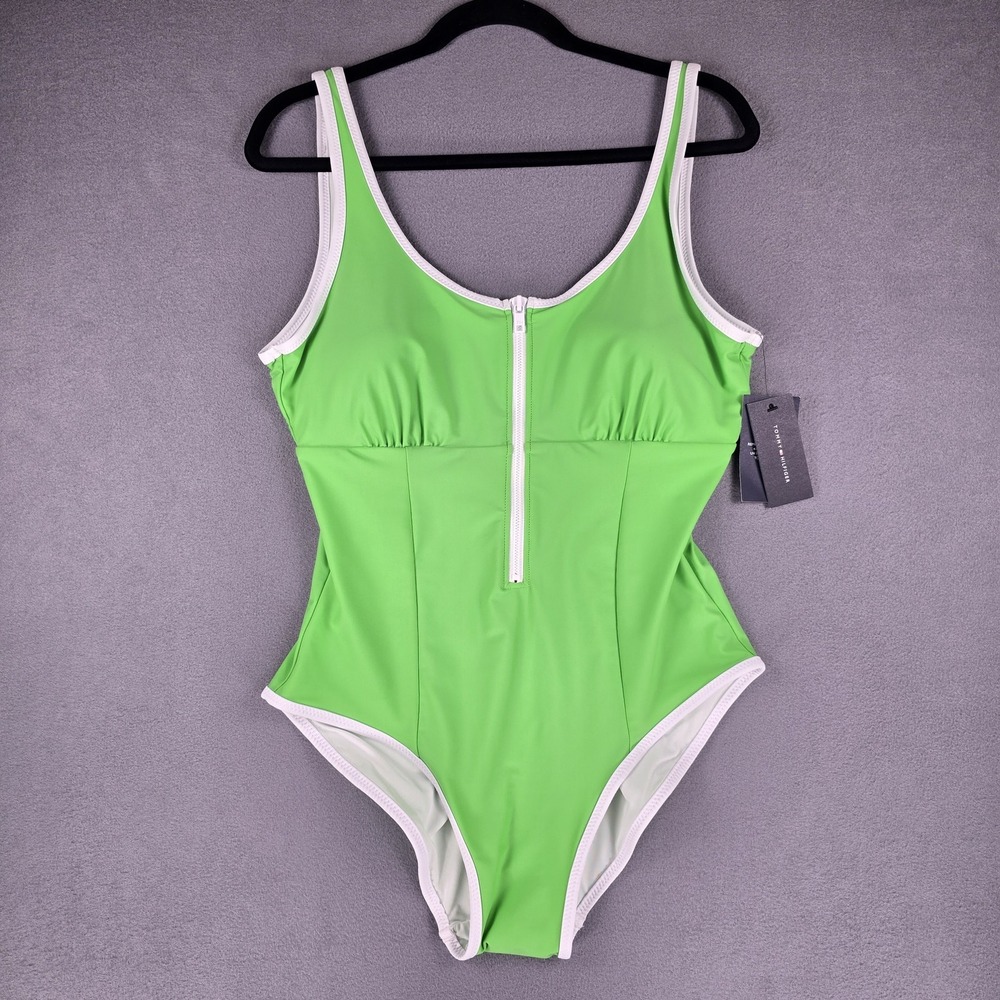 Tommy Hilfiger Swimsuit Womens 2XL Green White One Piece Zip Front UPF 50+ New - Picture 14 of 14